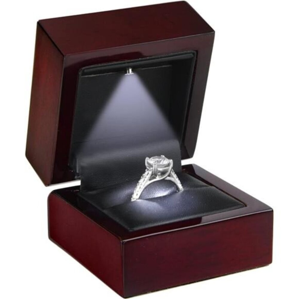 Luxury Mahogany Ring Box with LED Light, Elegant Square Diamond Case,
